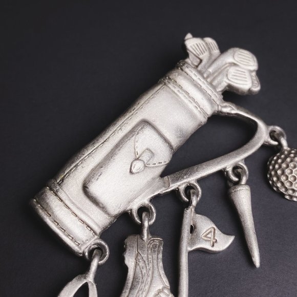 Vintage JJ Jonette Jewelry Golf Clubs Bag Shoe Flag Silver Tone Charm Brooch - Picture 2 of 6